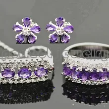 Натуральный набор украшений с аметистом 1 пара серьги-гвоздики в форме 1 шт. Подвеска 1 шт. кольцо 925 стерлингового серебра 0.25ct* 21 шт. драгоценные камни
