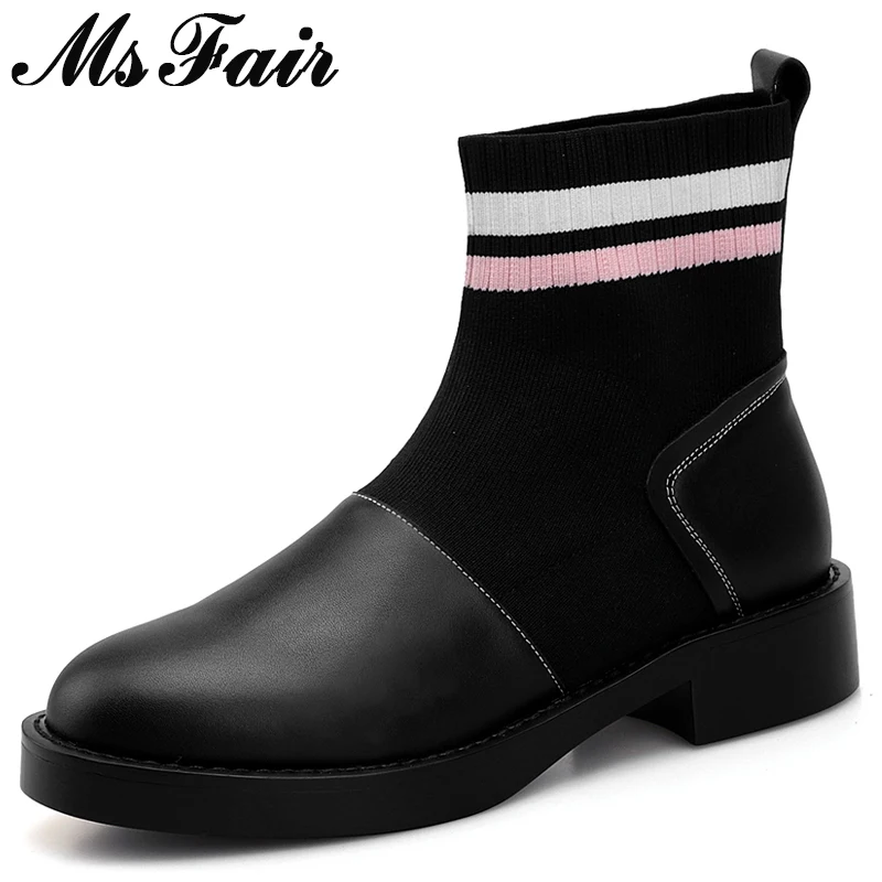 

MSFAIR Women Boots Hot Selling Mixed Color Platform Ankle Boots Women Shoes Round Toe Square Heel Med Heel Boot Shoes For Girl