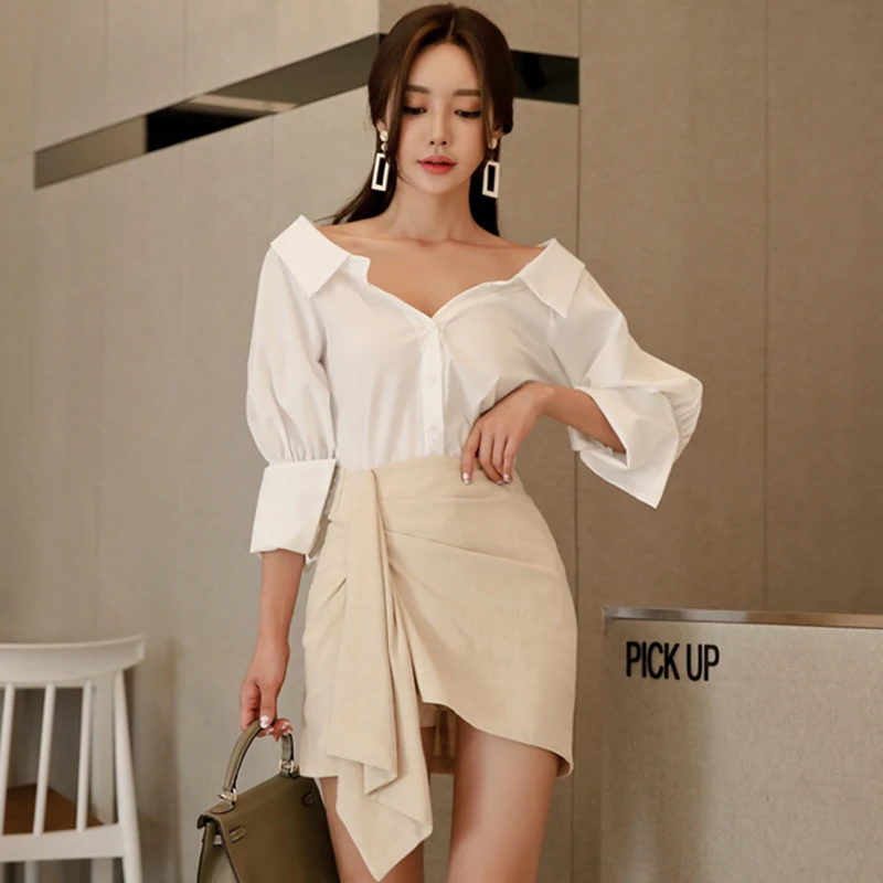 

2019 Spring Women Suits V-Neck Full Sleeve White Blouse Bodycon Mini Skirt Two Piece Casual Sets Work Dress