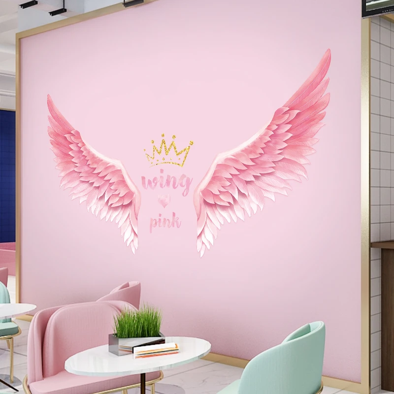 Girl Heart Pink Feather Wings Wall Sticker Bedroom Dormitory Room Creative Decorative Stickers Self-adhesive 3d effect decals
