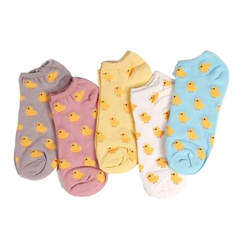 (5 Pairs of Pack) Women Cotton Sock Slippers Fashion Lovely Yellow Little Ducks Print Cartoon