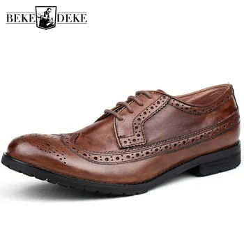 

Top Quality England Style Retro Mens Cow Genuine Leather Brogue Shoes Male Casual Shoes Lace Up Round Toe Breathable Wing Tip