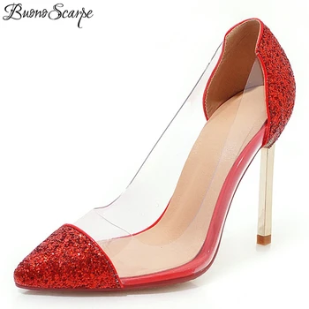

Buono Scarpe Pointed Toe Bling Sequined Wedding High Heels Clear PVC Stiletto Gold Heel Pumps Spring Summer Women Dress Shoes