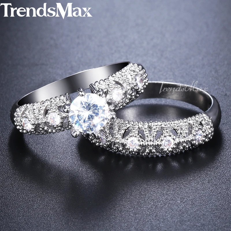 Trendsmax Fine Carving Craft Wedding Filigree Ring Set For Women White Gold Filled Round Clear Cubic Zirconia KGR45