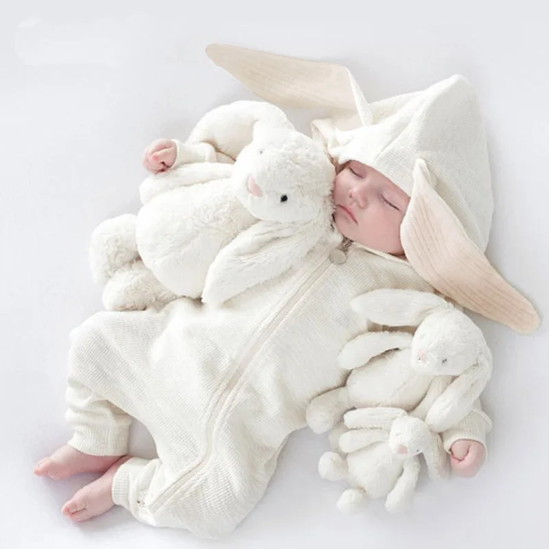 Baby Efficient Unixes Zipper Full Sleeves Bunny Ear Hooded Jumpsuit-White