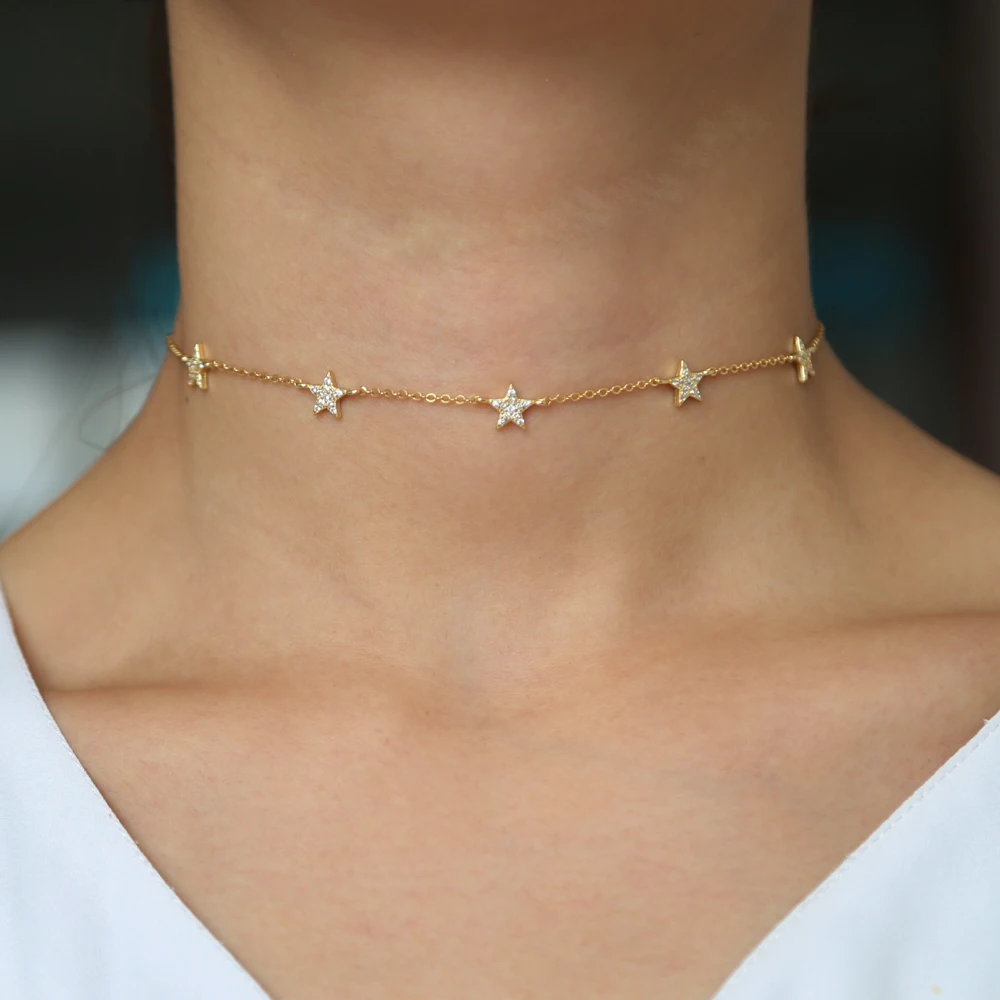 Мода сладкий звезды chocker ожерелья Тонкий звено цепи лакомство звезды boho Женщины воротник украшения Серебро 925 Леди collier femme bijoux