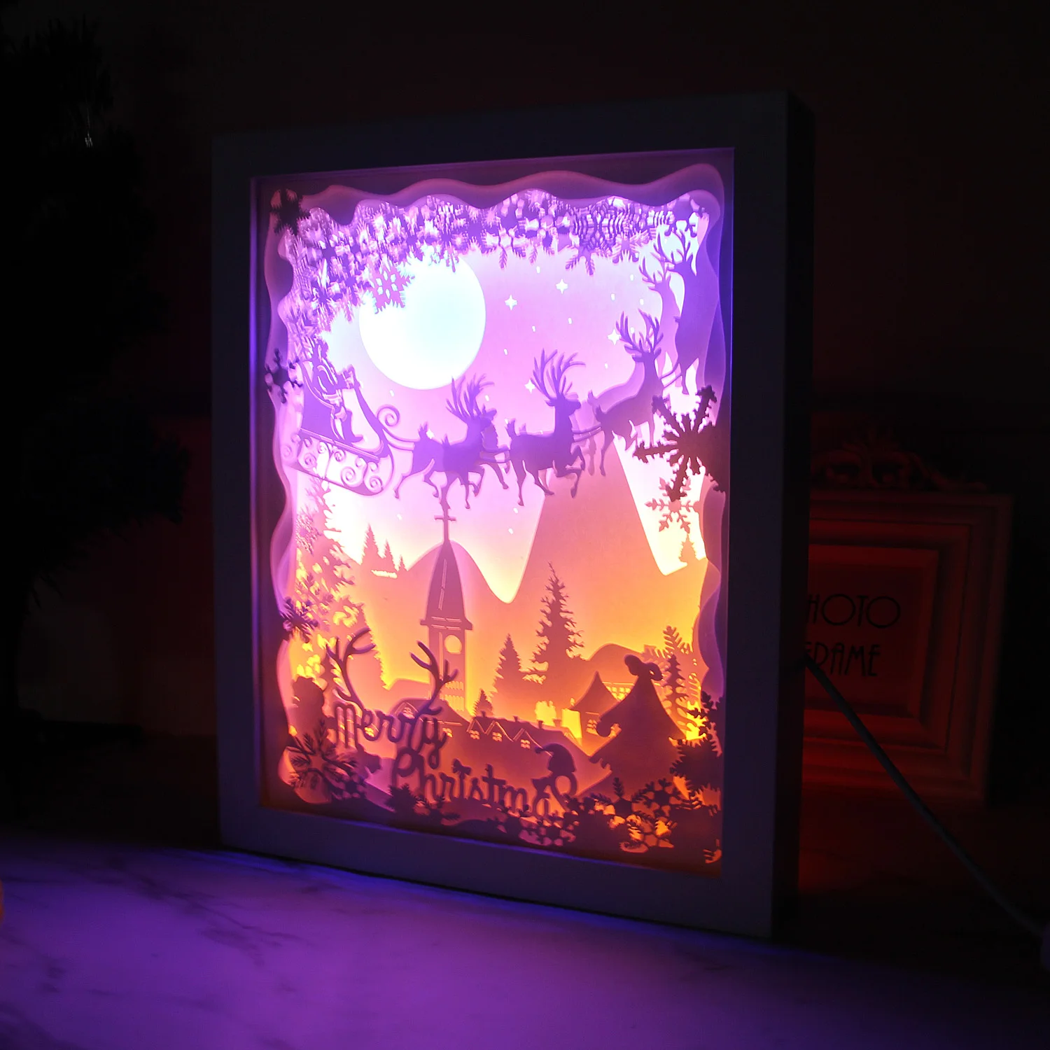 

Behogar Merry Christmas 3D Shadow Box Paper Carving Papercut LED Night Lamp Light for Bedroom Coffee Shop House Gift Decoration