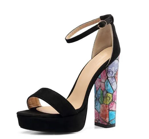 

Fashion mixed-colors platform open toe high heel sandals for woman Ladies black super high chunky heel shoes Party shoes