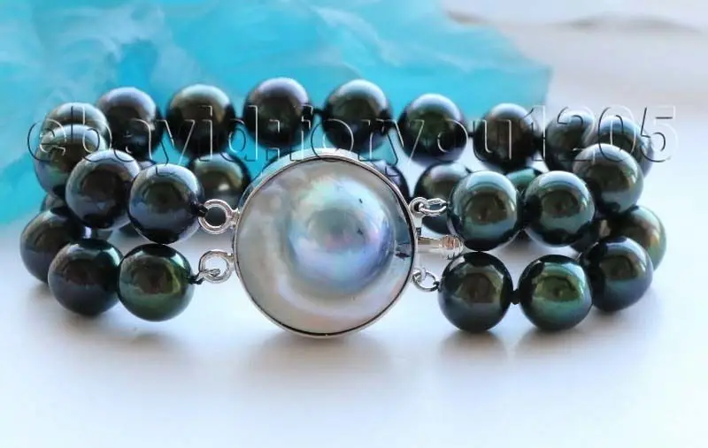 

shipping8" genuine Double Natural 12mm Black Round Pearl bracelet mabe clasp #f1632! 5.25