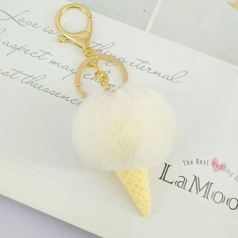 Rabbit Fur Puff Keychains - 15 Colors to Choose From! Cute and Fun Ice Cream Ball Design for Kids Girls - Gold-colored Keychains Ideal for Car and Bag Use. image 6