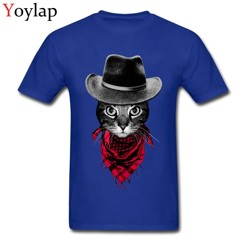 T-shirts Short Sleeve Casual New Arrival Cowboy Cat Crewneck 100% Cotton Mens Summer Autumn Tops Shirt Casual Clothing Shirt blue