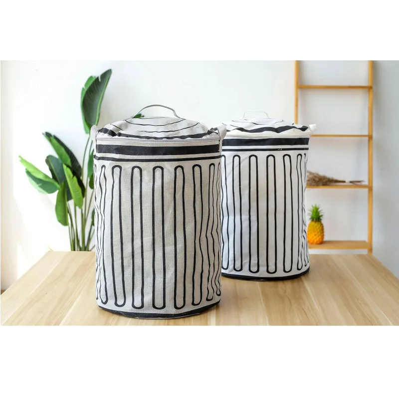 

New Stripe with Zipper Covered Waterproof Laundry Basket Dirty Clothes Sundries Toy Storage Basket Round Folding Storage Bucket