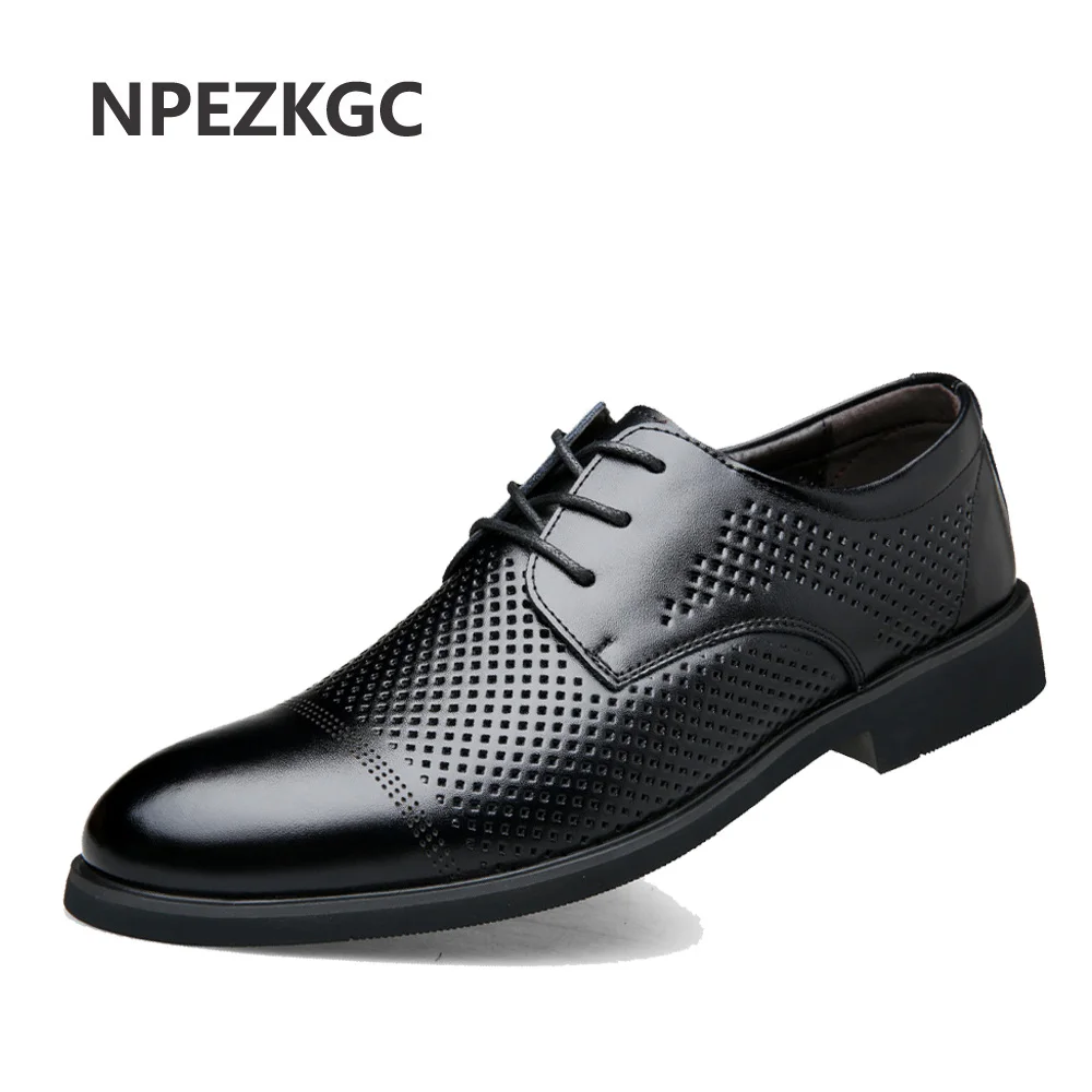 

NPEZKGC New 2019 Men Casual Shoes Leather Summer Breathable Holes Luxurious Brand Businss Lightweight men Formal Shoes