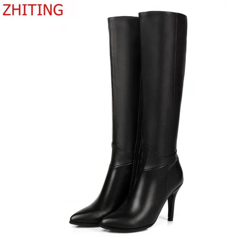 

Womens Boots Winter 2017 Black Fashion Pointed Toe Warm Sexy Knee High Boots High Heels Boots Womens Genuine Leather Size 34-39