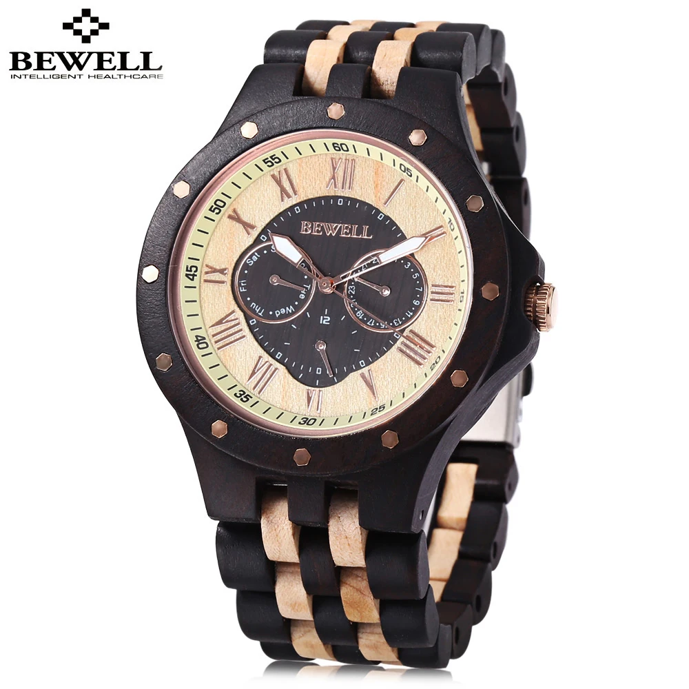 

BEWELL ZS - W116C Men Wooden Quartz Watch Roman Numerals Scale Calendar Luminous Wristwatch Relogio Masculino 2018 New