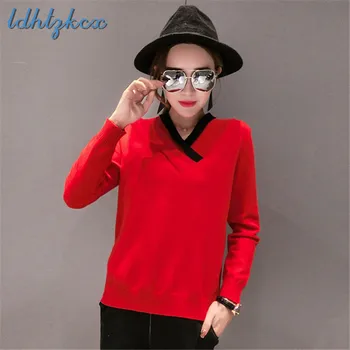 

Sweater Women Black 4 Colors Loose V Neck Knitted Sweaters 18 Autumn Winter New Europe America Hot Sale Bottoming Clothing CX575