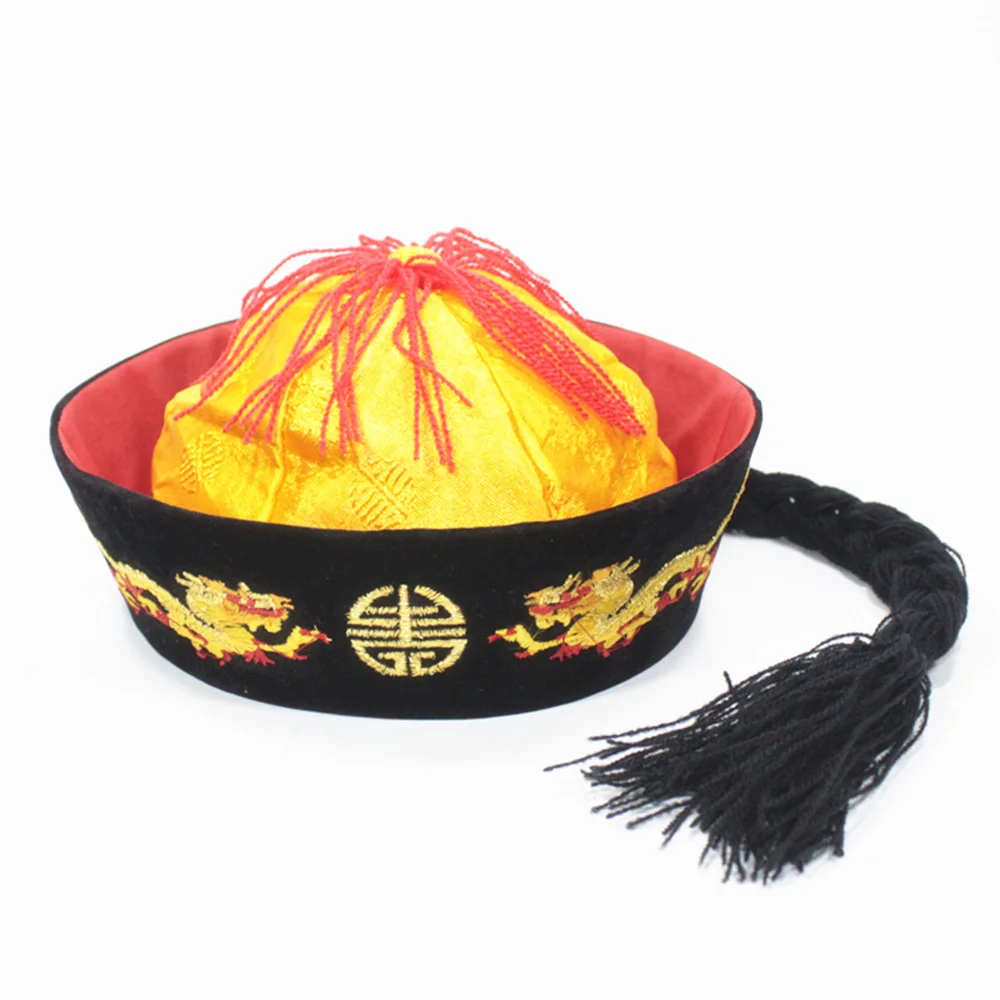 Забавная шляпа китайца драконы династии Цин император Тан костюм колпак арендатор Китайская традиционная китайская винтажная маскарадная одежда - Цвет: Golden and red