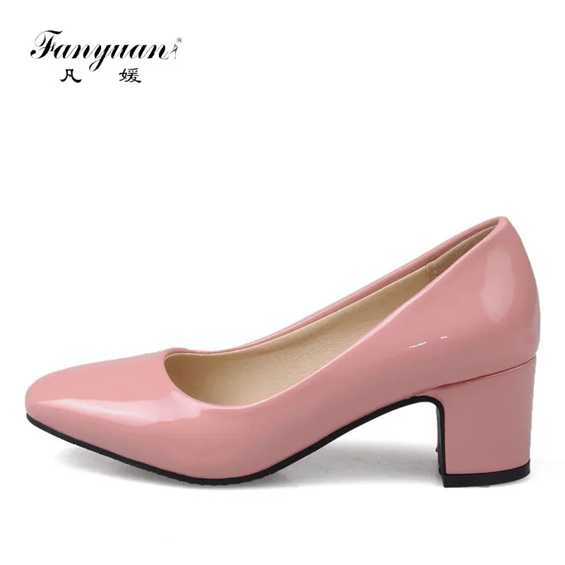 

Fanyuan Korean style women high Block Heels Simple fashion Square toe Shallow Pumps comfortable Slip on Office lady Dress shoes