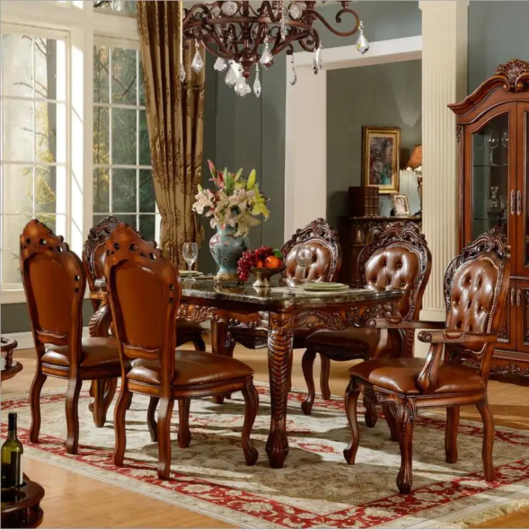 Antique Style Italian Dining Table, 100% Solid Wood Natural marble Italy Style Luxury Dining Table Set o1098