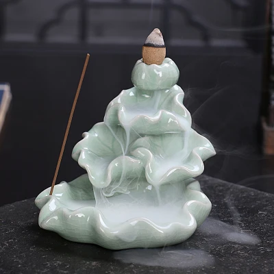 

Smoke Back Flow Incense Burner Ceramic Incense Sticks Holder Cone Incense Base Buddhist Ornaments Dual-purpose Lotus Censer