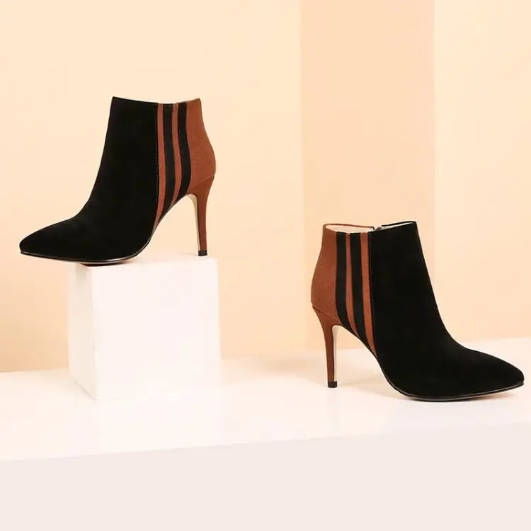 Mixte Glissière Femmes Piste Chaussons Brown Cheville Bout Latérale Dames Hauts Chaussures Femme Bottes Pointu Suede Talons Noir Pour D'hiver Couleur wZiuOTPkX