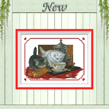 

The two tea drinking cats painting cartoon Counted Print on canvas DMC 11CT 14CT Cross Stitch kits Needlework Set embroidery
