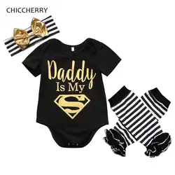 Happy Father's Day папа мой Супермен Черный боди повязка гетры для новорожденных девочек летняя одежда Комплект Одежда младенцев