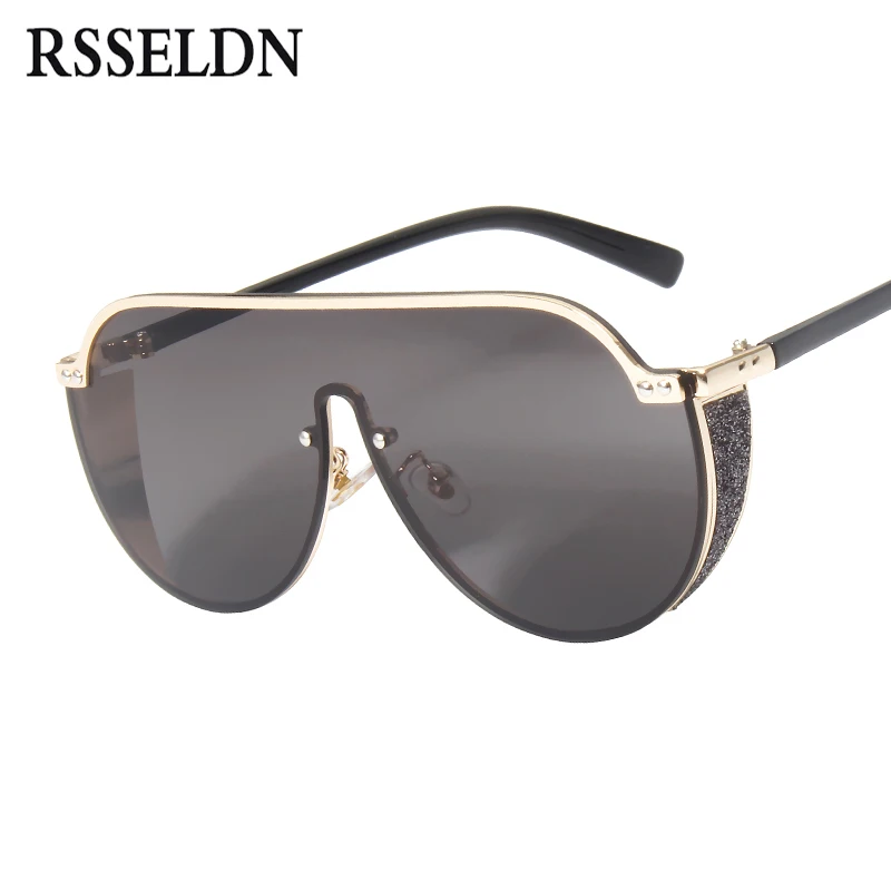 

RSSELDN Gothic Goggle Sunglasses Men Women Vintage Steampunk 2019 Fashion Oversized Metal Frame Sun Glasses UV400 One Piece lens