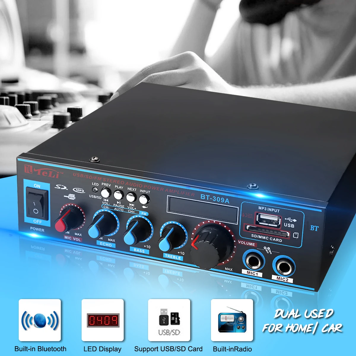 

800W Bluetooth Audio Stereo Digital Amplifier USB FM SD Mic Home Car 220V/12V Compatible LED Display Playback EU Plug Adjust