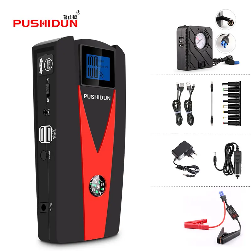 

PUSHIDUN Portable Car Jump Starter Power Bank with Air Compressoer&Smart Cable 600A Peak Current Rechargeable Battery