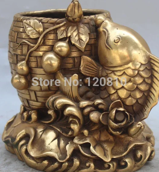 

8" Chinese Bronze Lotus fish Goldfish Gourd Leaf Pencil Pen Vase Holder Statue