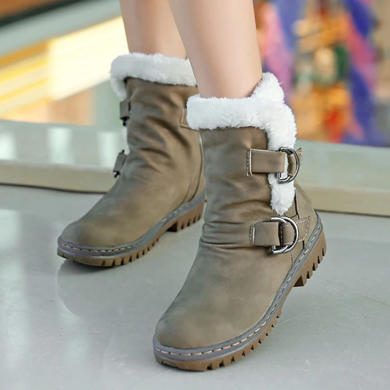 

Fashion Winter Boots Women Snow Boots Flat Heels Winter Shoes Warm Fur Boot Mid-Calf Winter Women's Shoes Plus Size 34-43