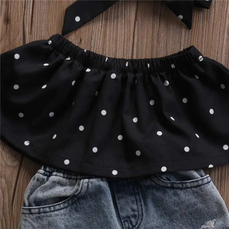 Fashion Newborn Infant Baby Girl Clothing Set Polka Dot Crop Tops+Ripped Jeans Denim Pant Headband 3PCS Children Girls Clothes