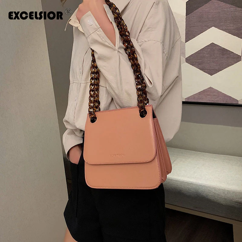 

EXCELSIOR Fashion Women Bags High Quality PU Acrylic Strap Crossbody Bag Solid Big Capacity Handbag sac a main Multi Use Flap