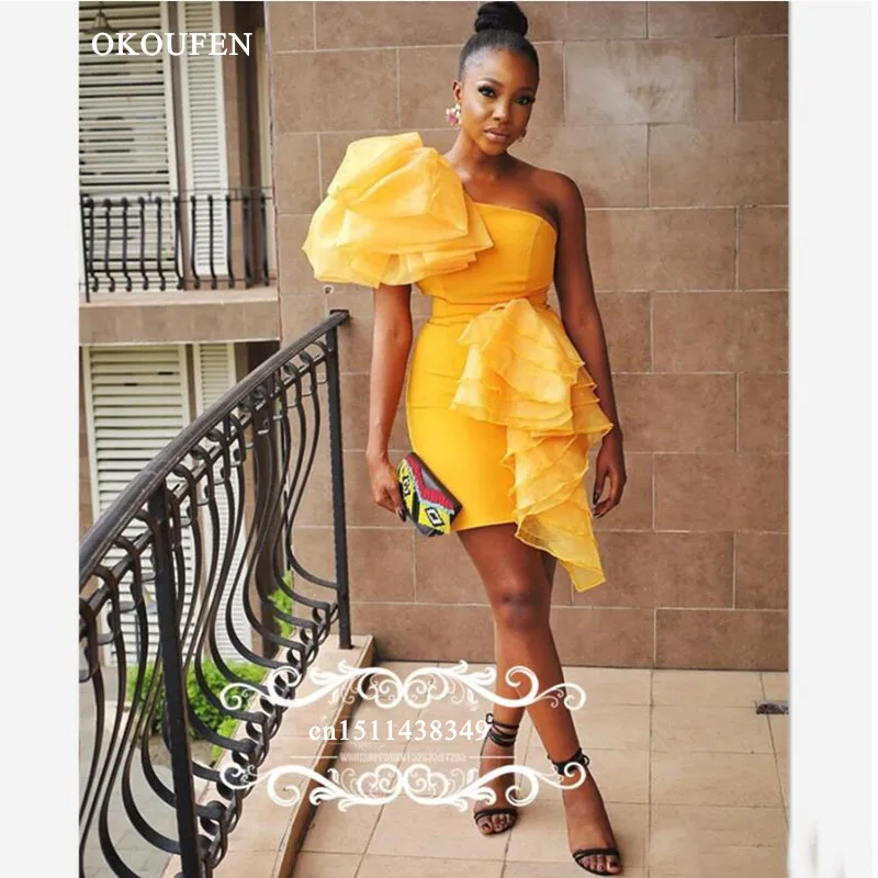 

2019 Gold Yellow Short Cocktail Dresses For Women Sexy One Shoulder Ruffles Sheath Mini Prom Dress Party Gown
