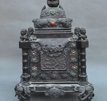 

16"Old Chinese Bronze Dragon Foo Dog Lion Beast Bat Statue Incense burner Censer