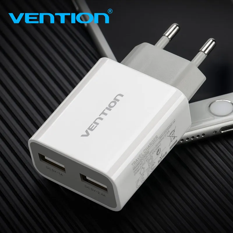 Портативное зарядное устройство Vention 5 В, 1 А, 2,4 А с двумя USB разъемами для путешествий, адаптер с европейской вилкой для samsung s8, iphone 8 X, Xiaomi 8, зарядное устройство для мобильного телефона