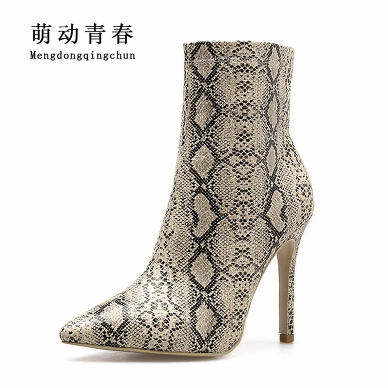 

New Brand Women Boots Pointed Toe Mixed Color Snake Print High Heels Boots Women Sexy Side Zipper Thin Heels Ankle Party Boots