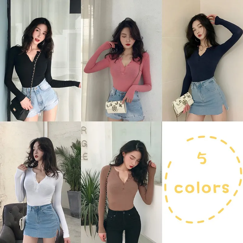  Elastic Cotton Solid Deep-v Collar Sexy T-shirt Summer Long-sleeved Women Slim T-shirts Knitted Top