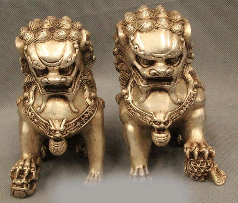 

6" Chinese Fengshui Folk Silver Animal Fu Foo Dog Lion Guardion Statue Pair