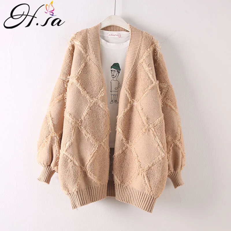 

H.SA 2019 Women Warm Sweater and Cardigans V Neck Latern Sleeve Geometric Knit Jacket Spring Coat Long Cardigans Poncho Femme