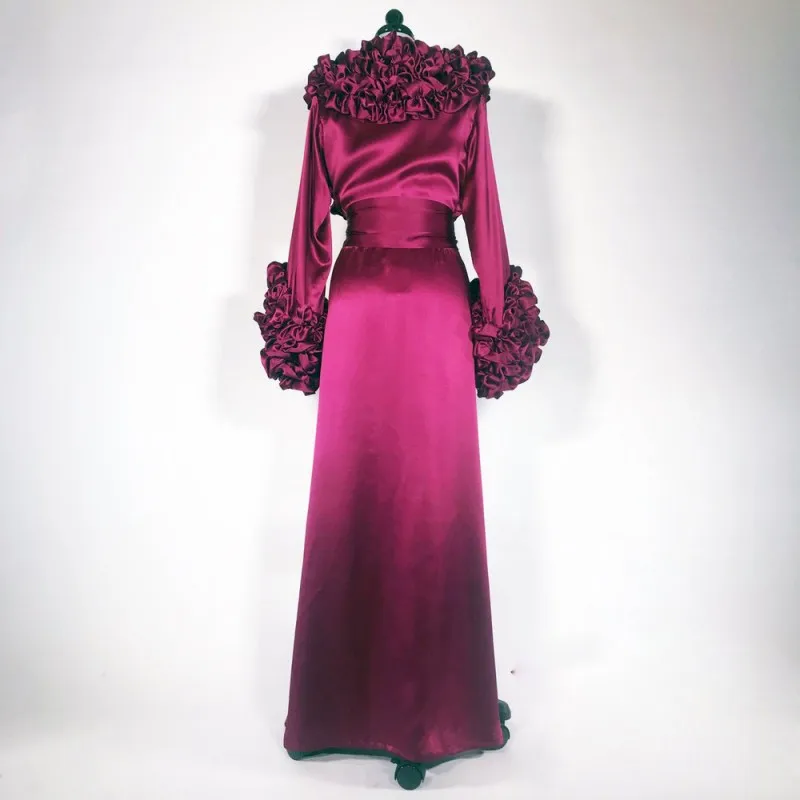 Gorgeous Burgundy Night Robes Silk Long Sleeve Celebrity Dress Tiered Ruffles Party Sleepwear Sexy Nightgowns Robes womens dress