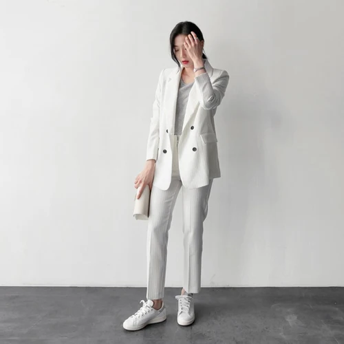Women South Korea Long Sleeved Professional Thin Straight Stripes Two Piece Set Lady Office Lady Suit Femme
