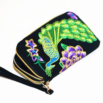 

Peacock Embroidered Purse Cellphone Clutch for Women Two Zipper Long Wallet Ladies Money Bag Ethnic Mini Pouch Girls Casual Bags