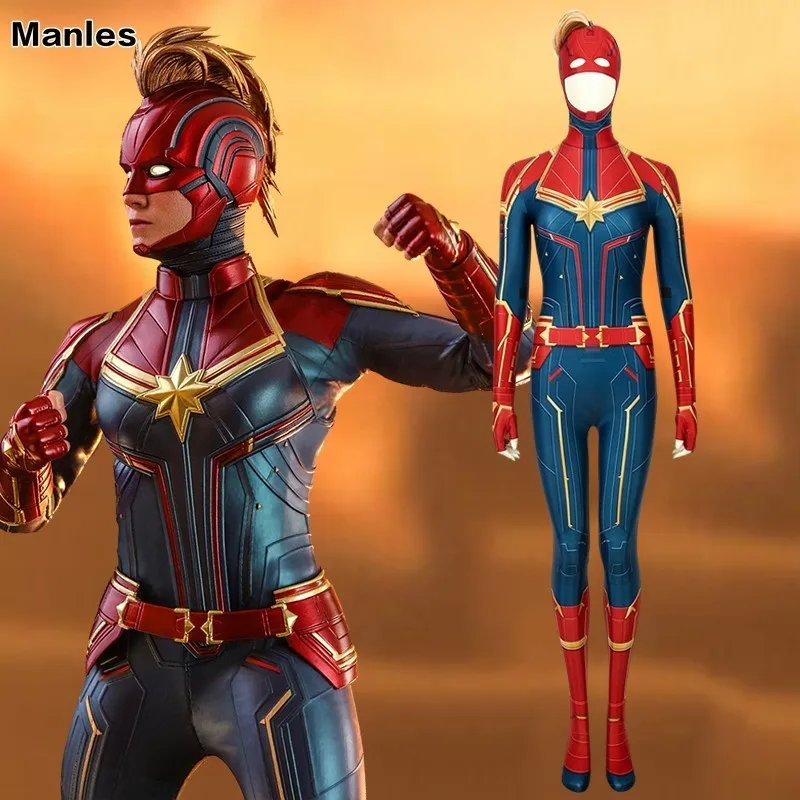 

Captain Marvel Cosplay Avengers Endgame Ms. Marvel Carol Danvers Costume 3D Print Jumpsuit Heroine Halloween Spandex Mask Female