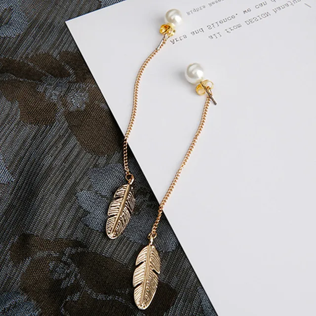 Simulated Pearls Long Tassel Dangle Earrings For Women Leaf Feather Drop Brincos Bijoux boucle d'oreille  Jewelry Earring 4