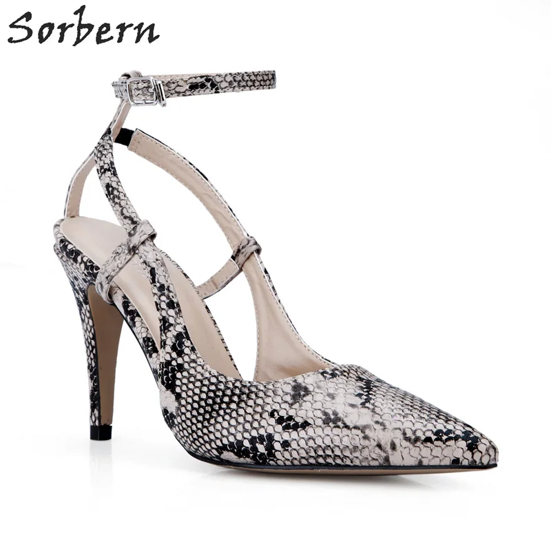 

Sorbern Snakeskin Ankle Strap Pointed Toe 9Cm Stilettos Office Shoes Women Ladies Slingbacks Black Heels Custom Colors 2018