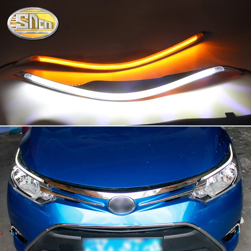 

SNCN 2PCS Car Headlight Eyebrow Decoration Yellow Turn Signal Relay DRL LED Daytime Running Light For Toyota Vios 2014 2015 2016