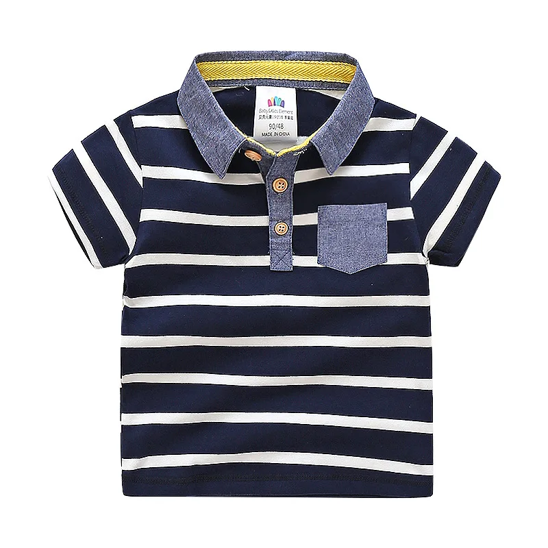 

2018 Baby Children Clothing Casual Cotton Short Sleeve Turn-Down Collar Blue White Stripe Print Pocket Kids Teenage Boy T Shirt