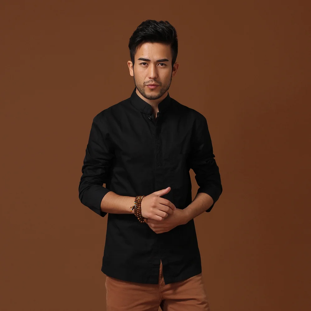 Черная мужская хлопковая рубашка Кунг-фу с длинными рукавами, классический китайский стиль, Tang, одежда, размер S M L XL XXL XXXL hombre Camisa Mim02A - Цвет: Черный